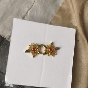 Gold Floral Stud Earrings with Red Center and Green Leaves